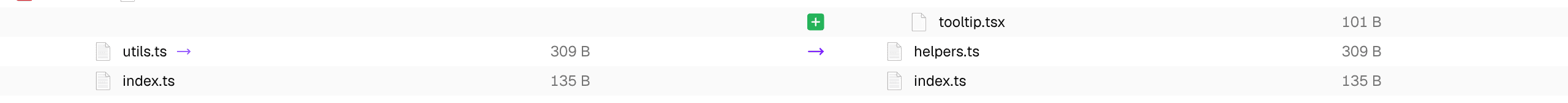 A renamed file shown as a single row: utils.ts on the left, helpers.ts on the right, joined by an arrow
