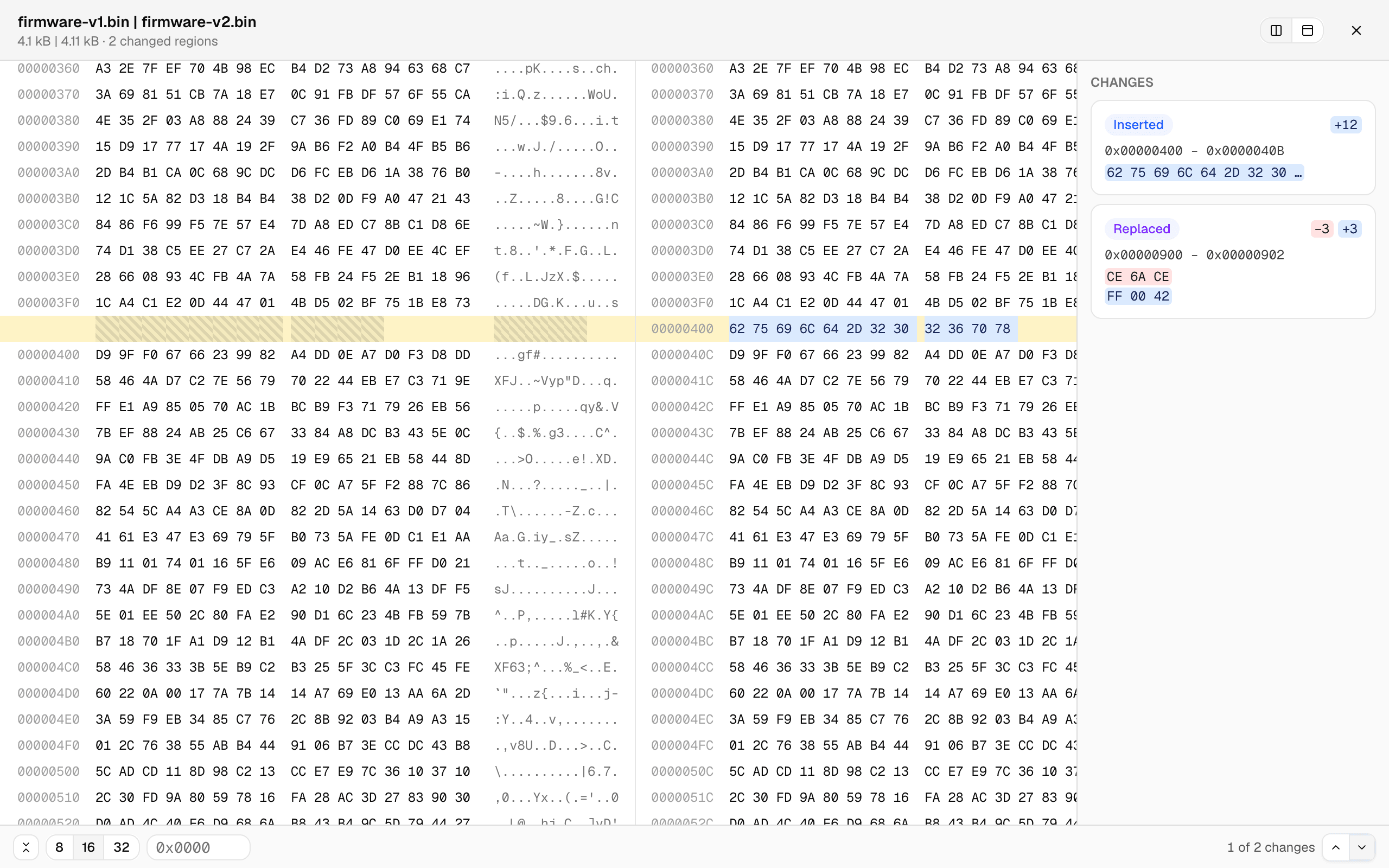 Two binary files side by side in hex: a 12-byte insertion highlighted at offset 0x400 with the gap hatched on the left file, rows aligned before and after