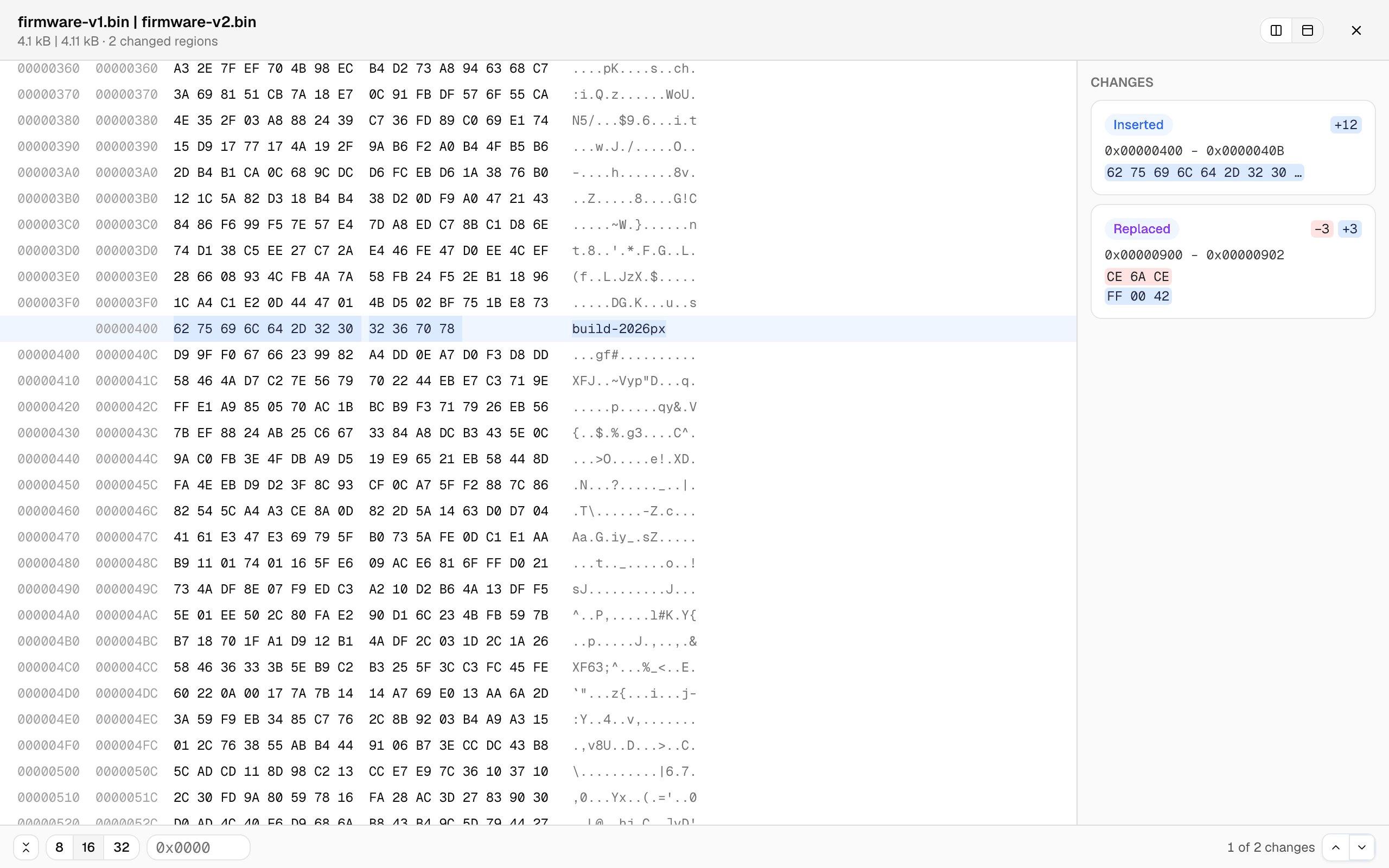 The unified byte view: dual offset columns, the inserted bytes reading 'build-2026px' in the ASCII column, and change cards listing the insert and the replaced bytes
