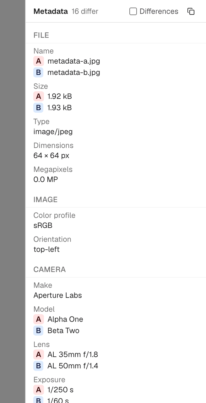 The metadata panel comparing two photos: camera model, lens, and exposure differ between A and B