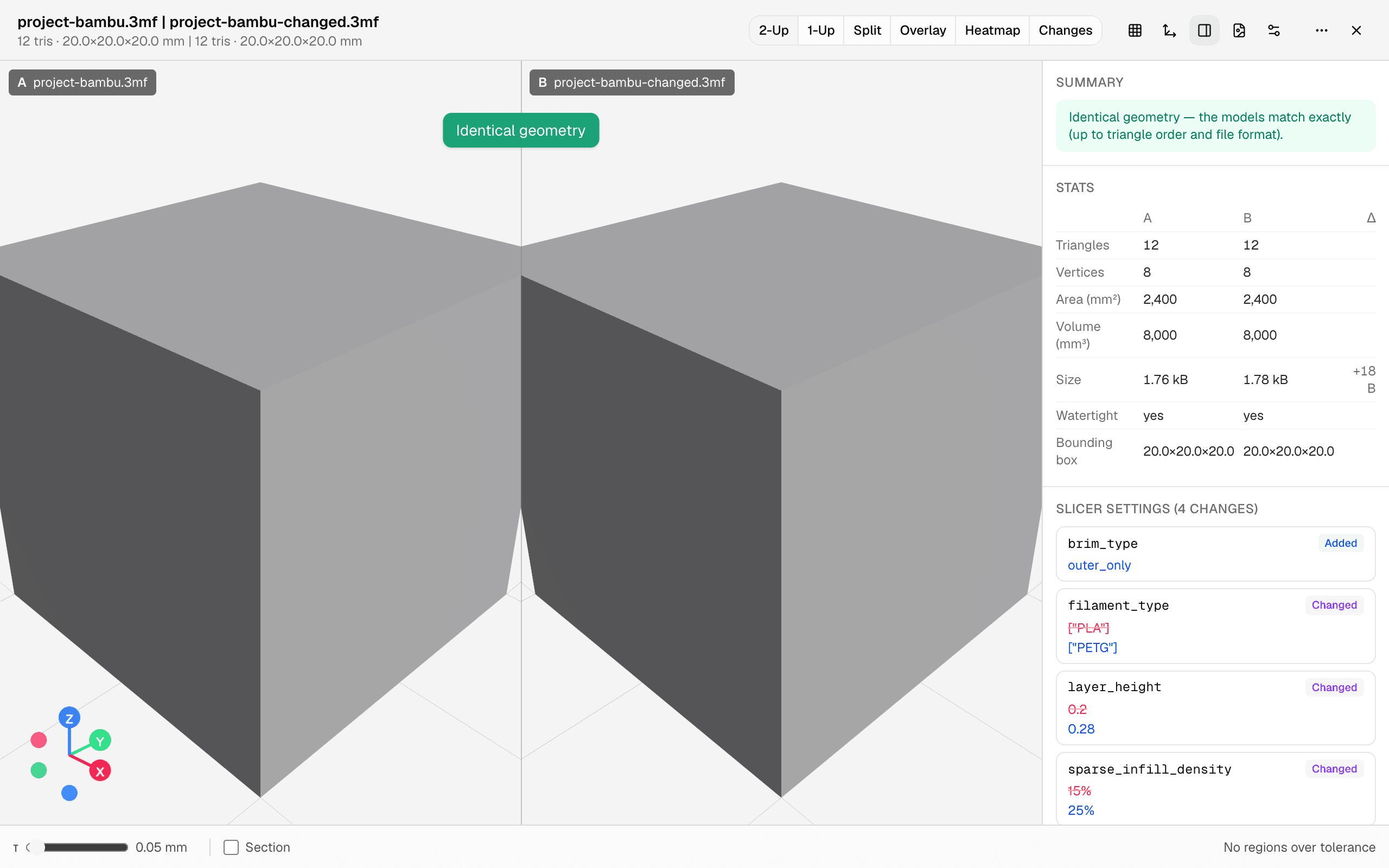 Two Bambu project files side by side: an instant identical-geometry verdict plus a slicer-settings diff showing changed layer height, infill, and filament