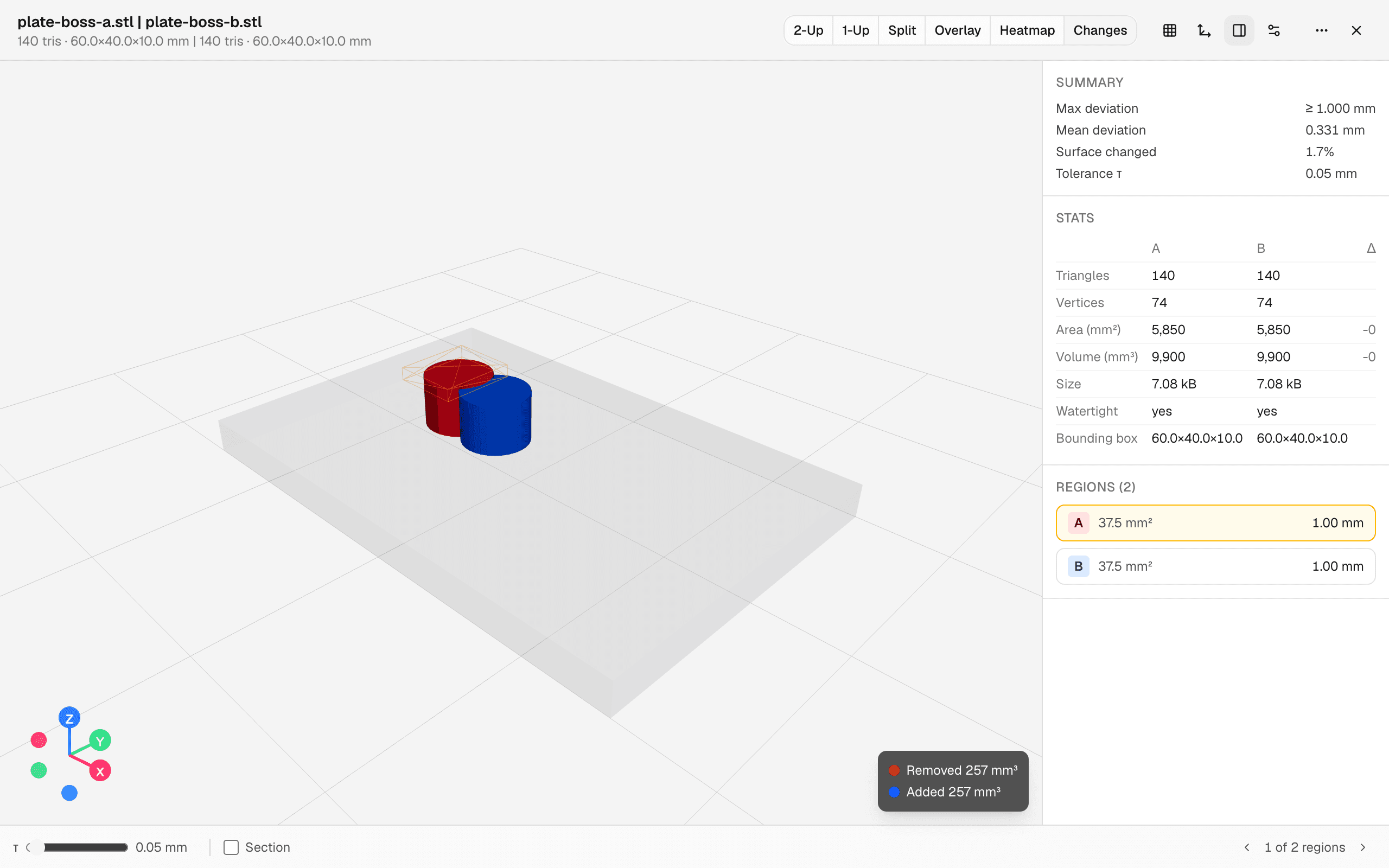 The exact-changes view: the removed boss as a red solid and the added boss as a blue solid on a ghosted plate
