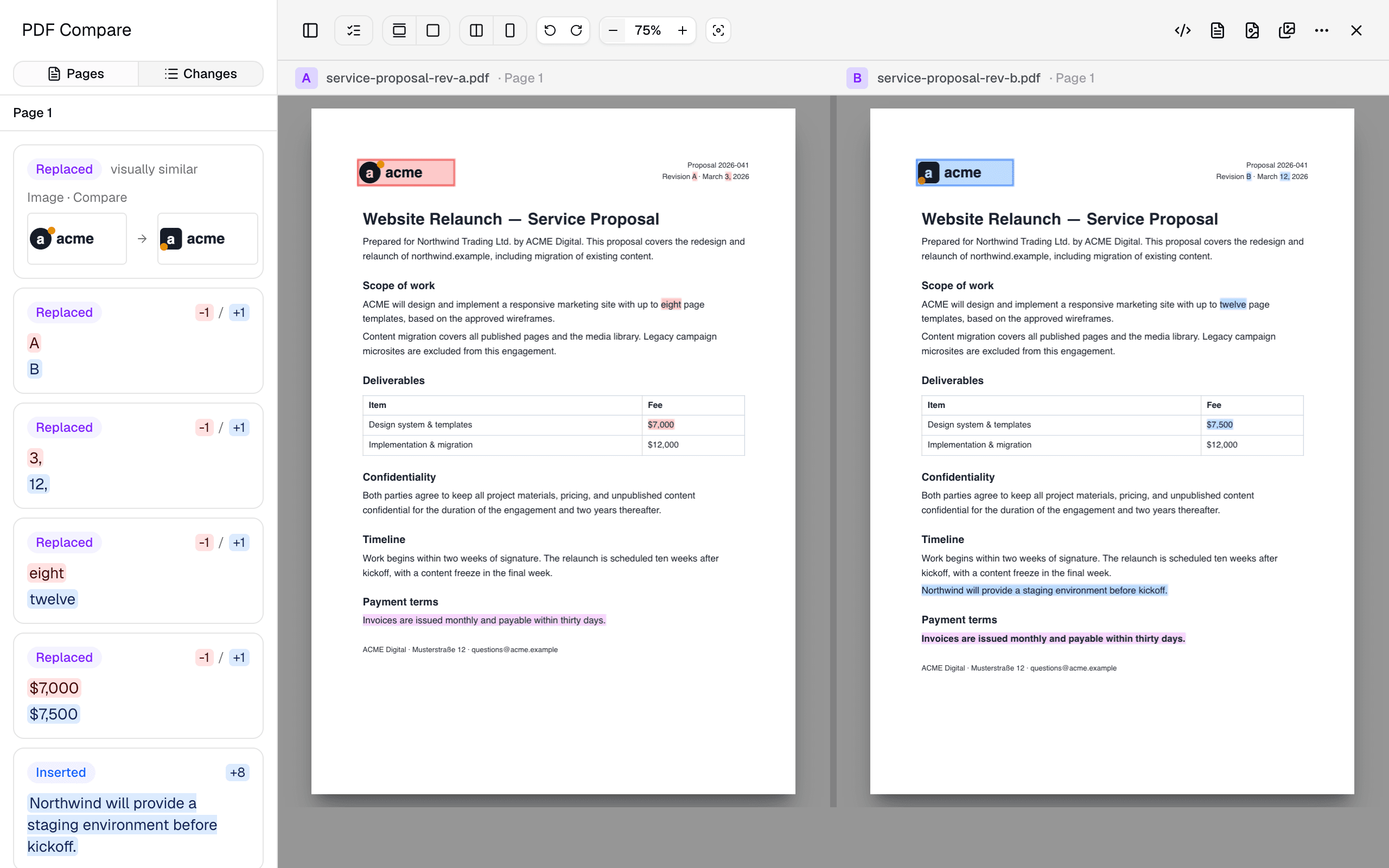 Two versions of a proposal PDF side by side with the differences highlighted and a change list on the left