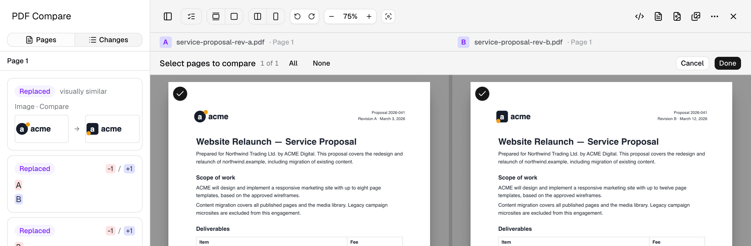 Page selection strip above the documents: select pages to compare, all, none, compare selected