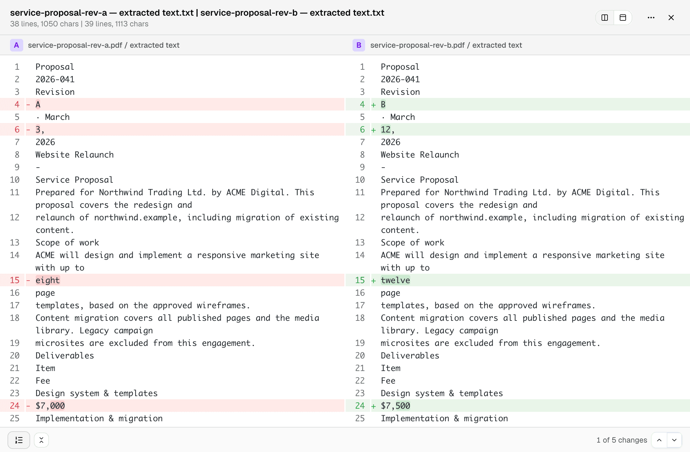The extracted text of both PDFs opened in Text Compare as a side-by-side diff