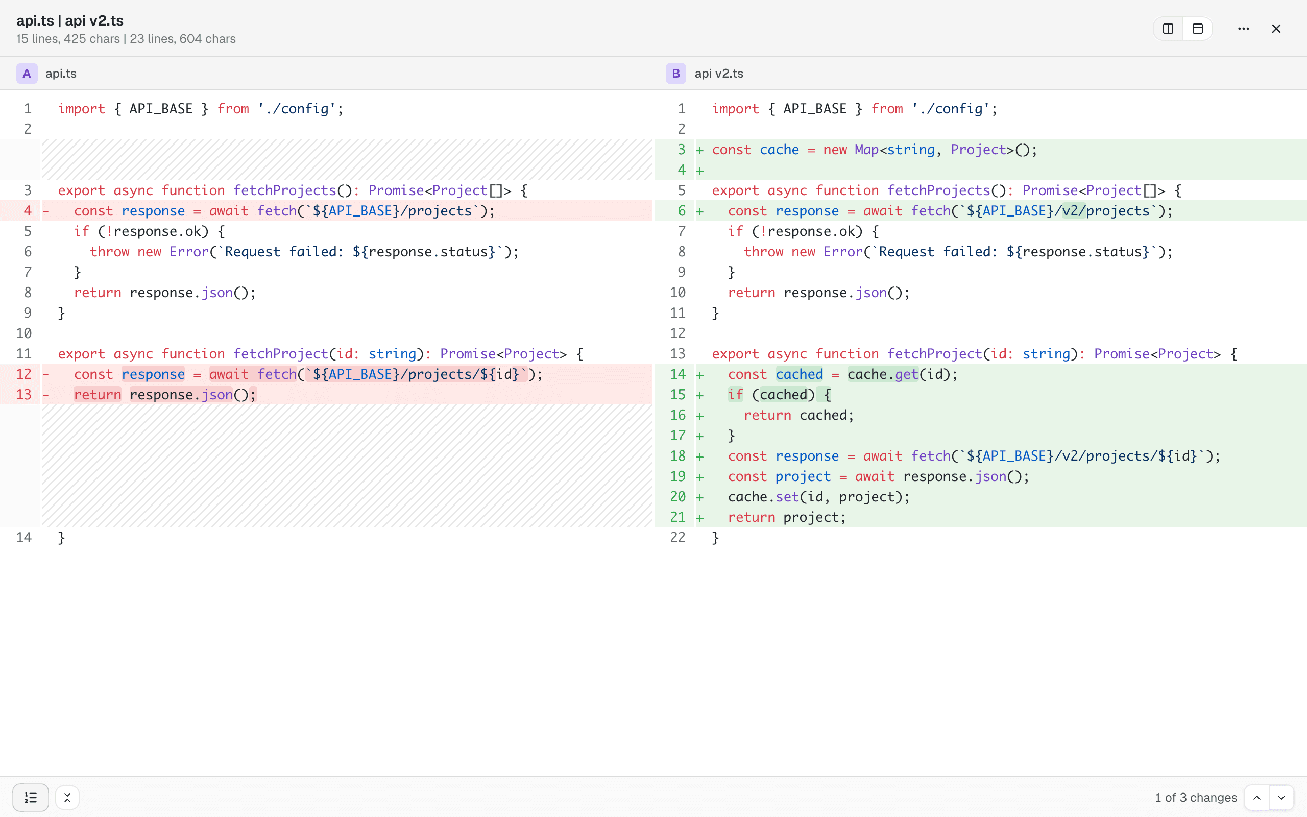 Two versions of a TypeScript file side by side: added lines green, removed lines red, changed words highlighted within lines