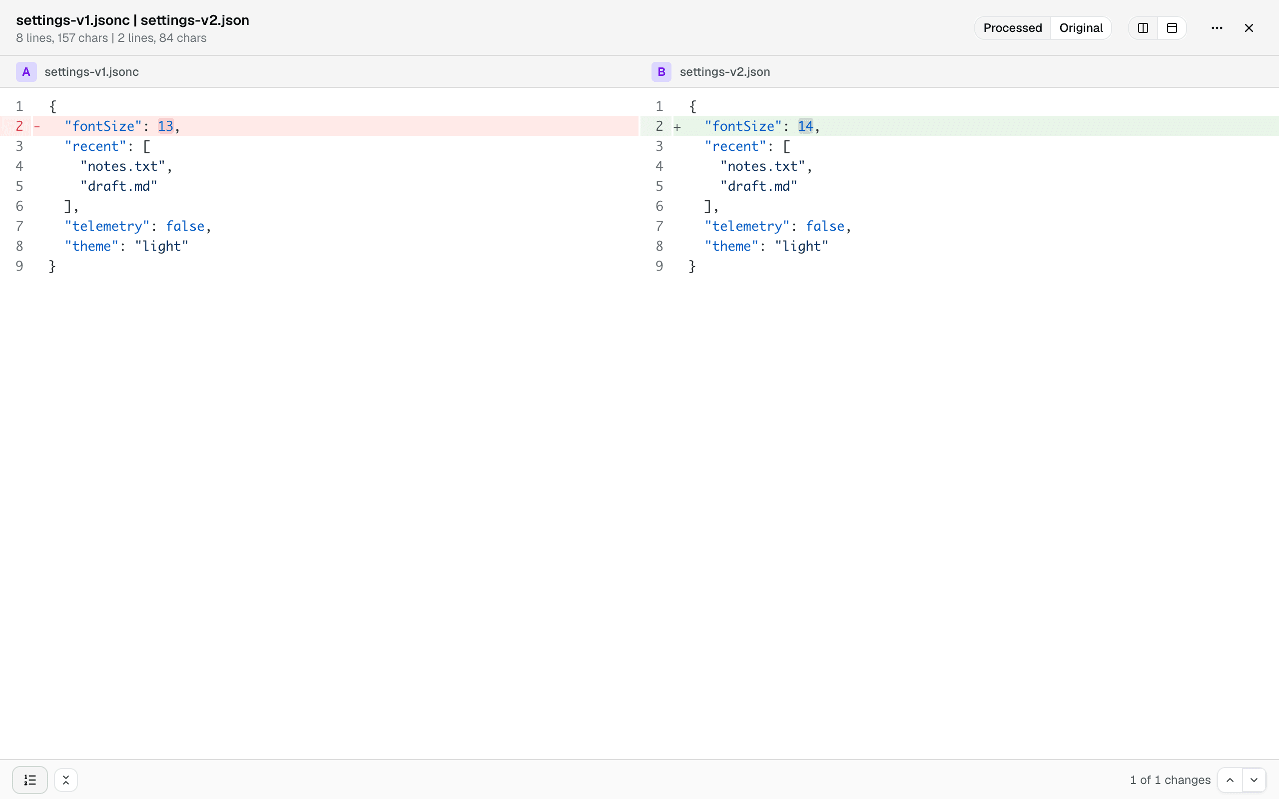 A JSONC file and a minified JSON file compared as processed text: formatting and comments normalized away, only the real value change remains, with a Processed | Original toggle in the toolbar