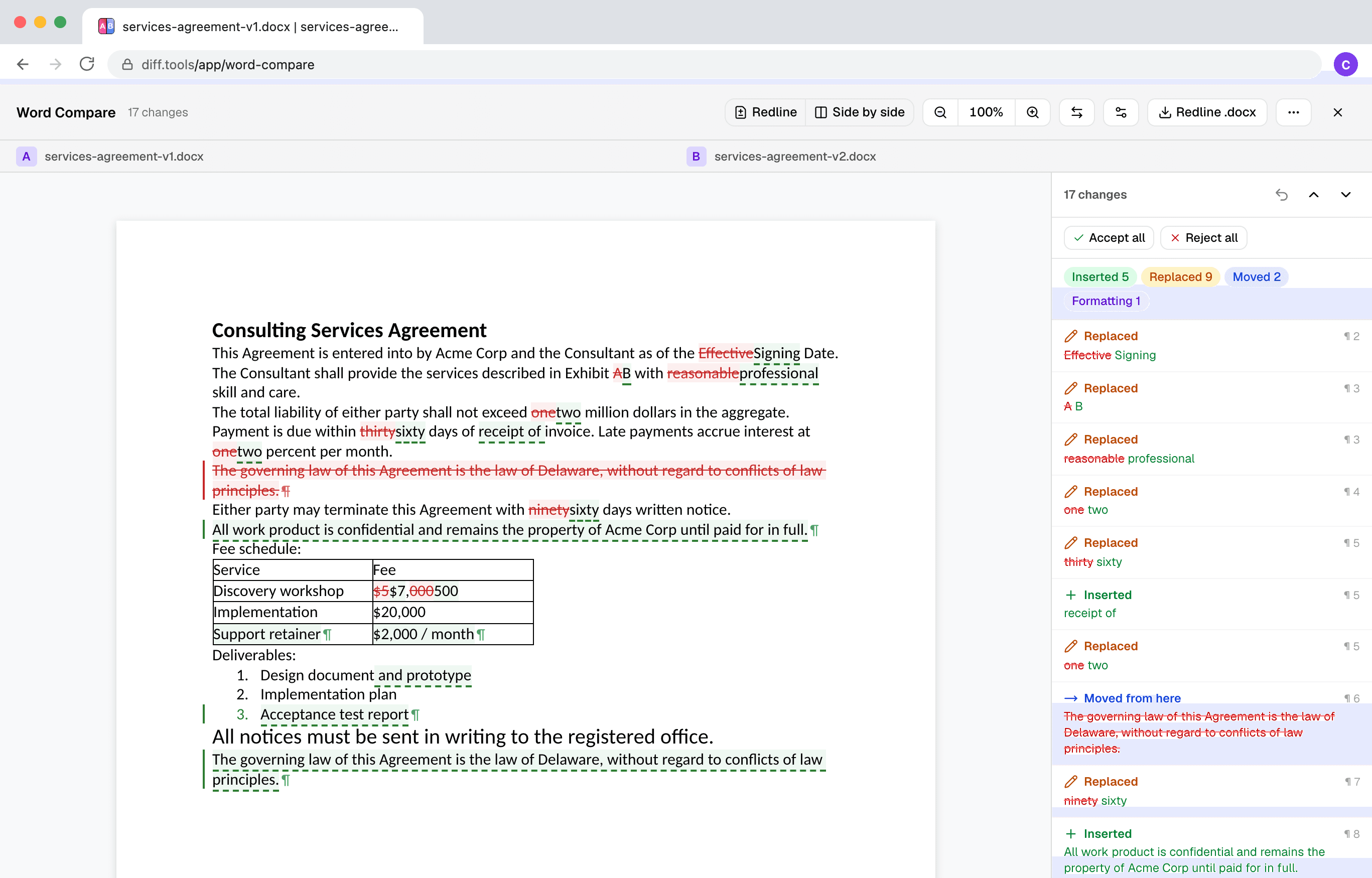 Screenshot of Word Compare
