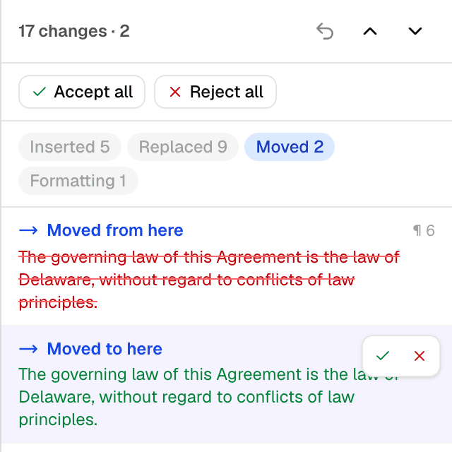 The change list filtered to a moved paragraph: “Moved from here” and “Moved to here” as one linked change