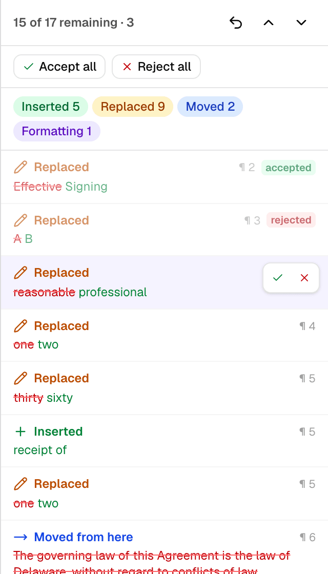The change list mid-review: accepted and rejected marks, kind filters, and accept/reject controls on the selected change