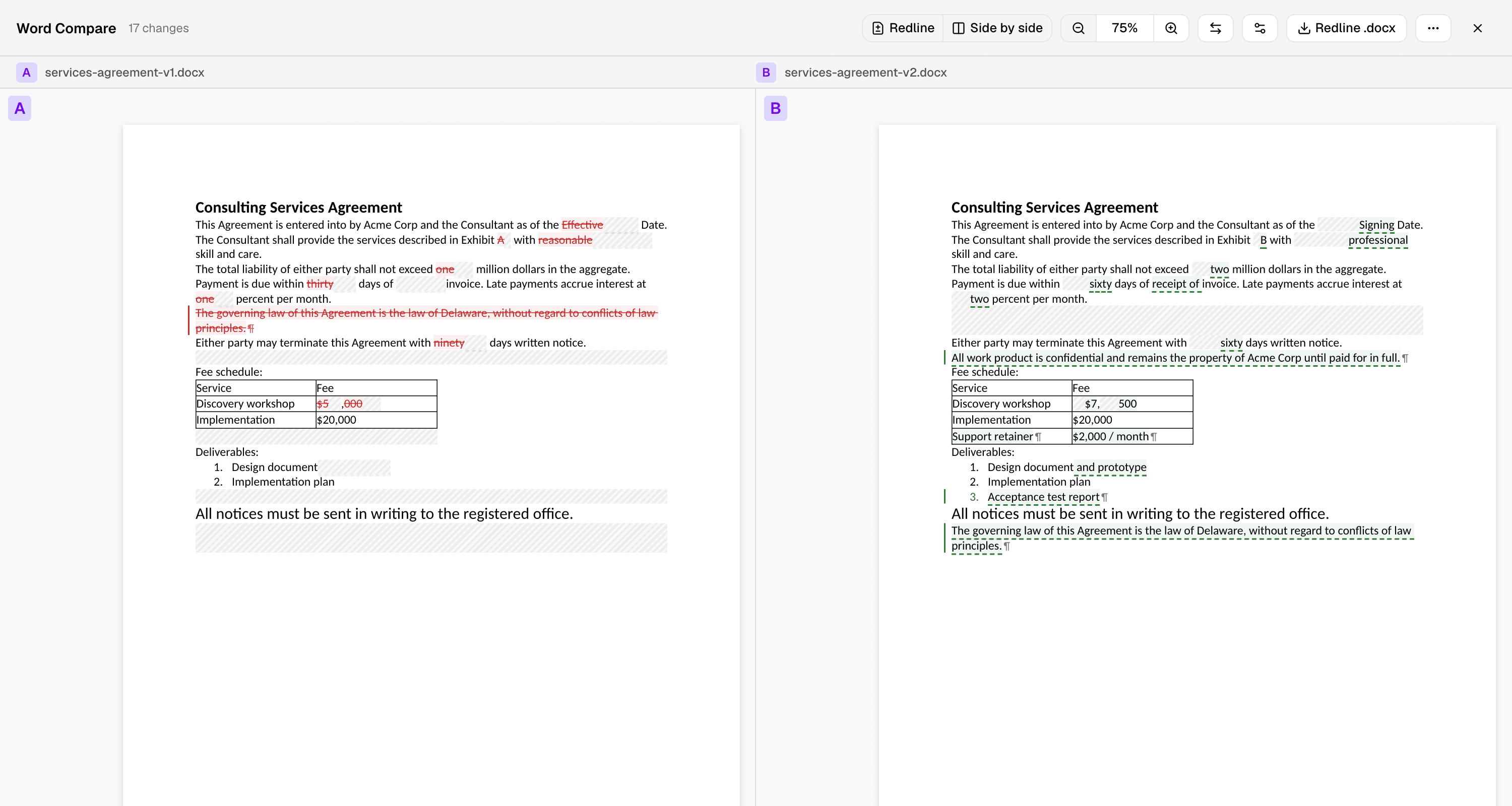 The same comparison side by side: original document on the left, revised on the right